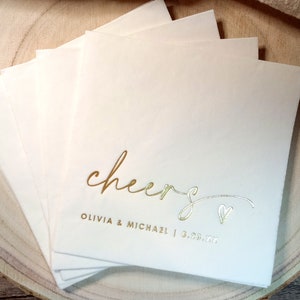 Gold Foil Cheers Napkins: Personalized Wedding Cocktail Napkins