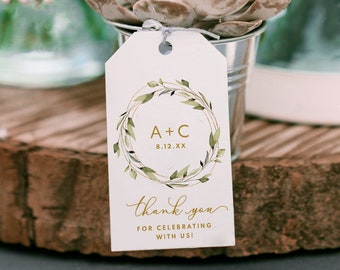 Favor Tag Template | Wedding Bridal Shower Thank You Tags | Watercolor Ethereal Greenery with Gold Wreath | Editable Templett - Download PDF