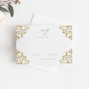 Gold Wedding RSVP Template - Vintage Corners
