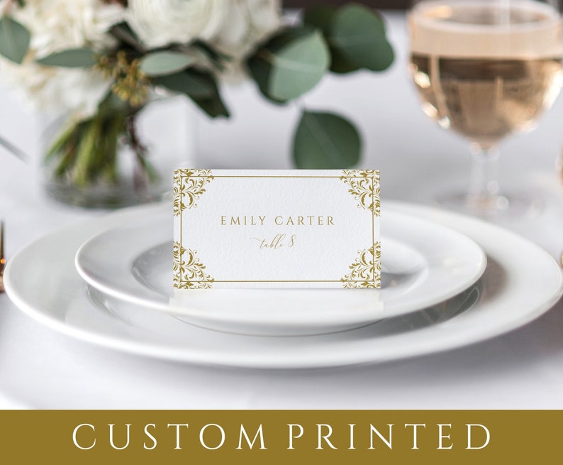 Custom Printed Place Cards - Elegant gold wedding place cards with a vintage design available in cream or white.