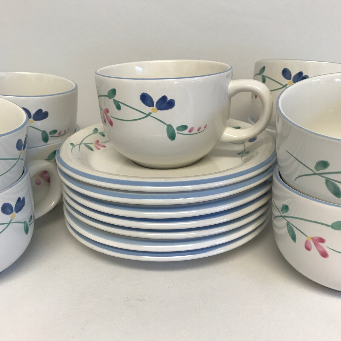 Allegro Hearthside Stoneware Cups And Saucers Blue And Pink Etsy