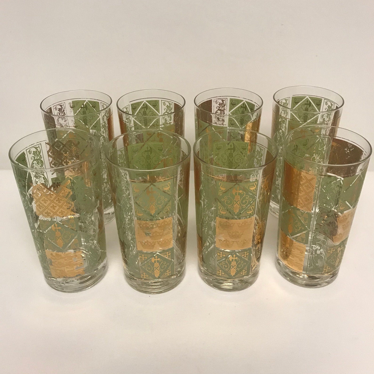 Set Of Eight Vintage Green And Gold Highball Glasses Culver Etsy
