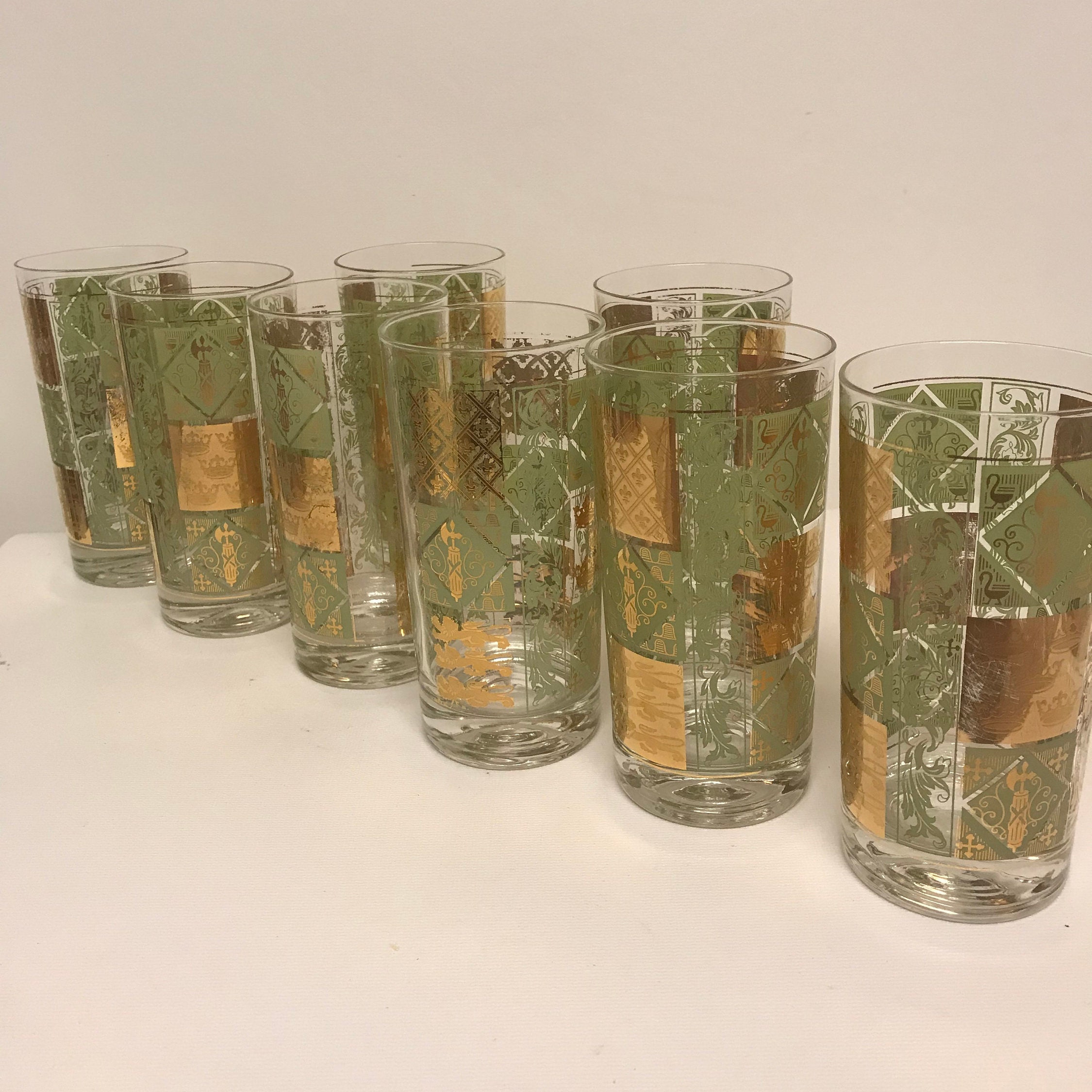 Set Of Eight Vintage Green And Gold Highball Glasses Culver Etsy