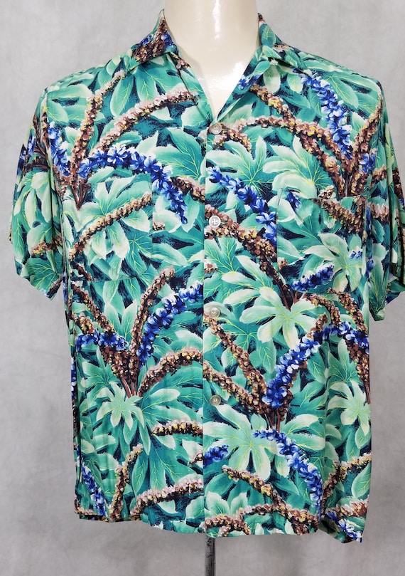 1950s Hawaiian Shirt Rayon Hawaiian Shirt Teal Blu