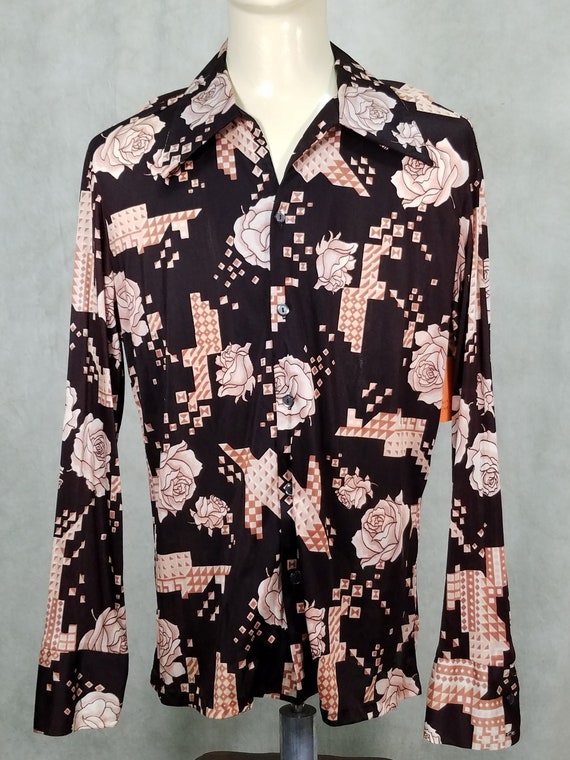 1970s Disco Shirt Polyester Vintage Roses