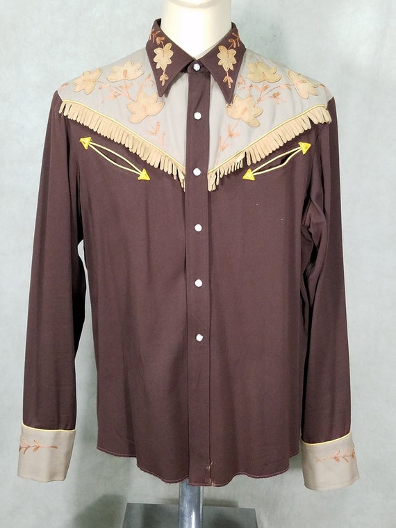 50s Western Shirt|Cowboy Gabardine Leather Fringe