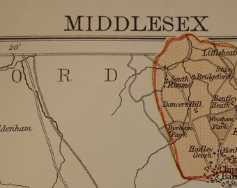 LONDON Antique map of Middlesex 1883 original old print Greater London Detailed vintage UK county maps 20x28c 8x11"