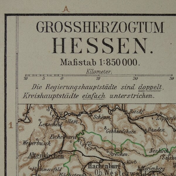 GERMANY Old map of Grand Duchy Hesse 1905 original antique poster print Hessen Frankfurt Mainz Kaiserslautern vintage maps