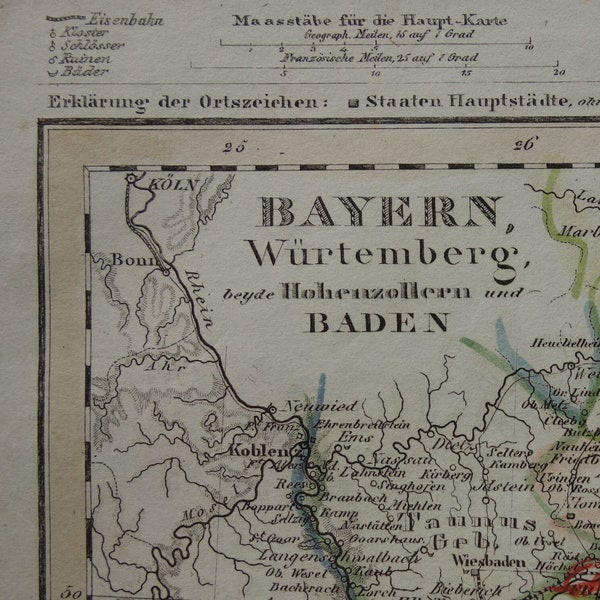 GERMANY old map of Bavaria 1849 original hand colored antique print of Munich Stuttgart - vintage maps city plan Bayern Munchen alte karte