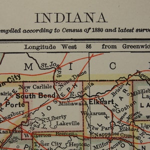 INDIANA alte Landkarte 1881 original antique print Bundesstaat IN USA - vintage Maps Indianapolis Fort Wayne Evansville Lafayette