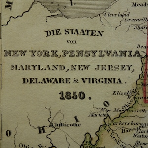 Oude kaart van de Amerikaanse oostkust 1850 originele antieke kaarten van de staat Pennsylvania, Philadelphia Pittsburgh, Virginia - vintage gedateerde afdruk VS