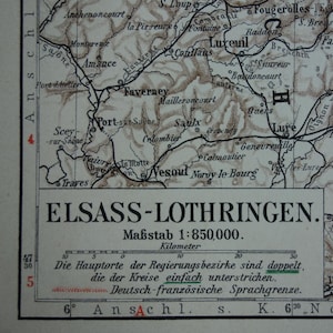 Antiguo mapa de Alsacia-Lorena Alemania 1913 impresión vintage original alte karte von Elsass-Lothringen