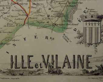 1851 antique map of Ille et Vilaine departement France - beautiful old hand colored print Rennes Saint-Malo Fougères Vitré Bruz vintage maps