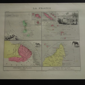 Mapa antiguo de la Guayana Francesa, Comoras, 1874, impresión antigua original de las islas Marquesas, San Pedro y Miquelón, Numea, colonia de Polinesia, mapas antiguos