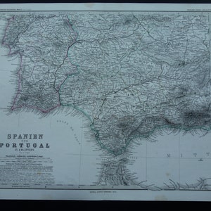 1875 oude kaart van Spanje, Portugal, originele antieke handgekleurde poster over vintage kaarten van Lissabon, Cadiz Sevilla, 14 x 18 inch