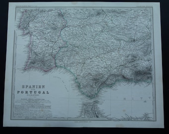 1875 old map of Spain Portugal Original antique hand-colored poster about Lisbon Cadiz Seville vintage maps 14x18"