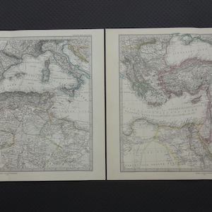 Mapa del mar Mediterráneo de 1878. Gran lámina/póster antiguo original coloreado a mano de la región mediterránea. Mapas antiguos de época.