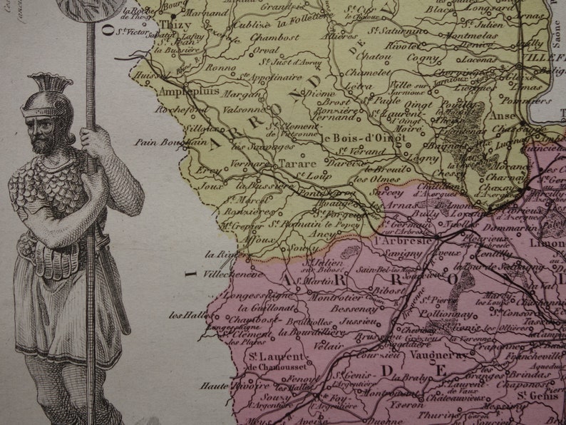 1876 Ancienne carte du département du Rhône, France Belle gravure ancienne sur Lyon Villeurbanne Vénissieux Bron, cartes vintage du Rhône vieille carte image 8
