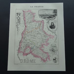 ドローム県のドローム古地図 フランス 1851 年 美しいアンティーク手色プリント ヴァランス ディ ロマンス シュル イゼール モンテリマール - ビンテージ マップ