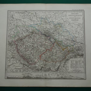 Antike Landkarte von Tschechien 1867 Original großes antikes handkoloriertes Poster über Prag Brünn Böhmen Schlesien vintage Karten 15x18"groß