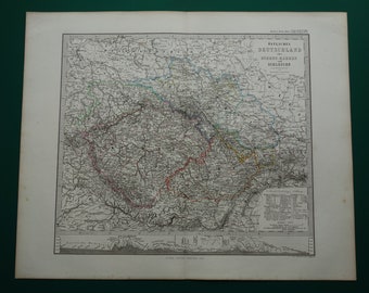 Puede incluir: Un mapa antiguo de Alemania Oriental, Bohemia y Silesia. El mapa está impreso en blanco y negro con líneas y texto de colores. El mapa está titulado "Ostliches Deutschland" y incluye una clave con varios símbolos y abreviaturas.