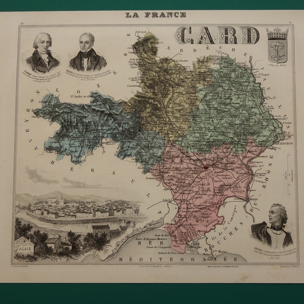 GARD ancienne carte du département du Gard France 1882 estampe ancienne originale sur Nîmes Alès Bagnols-sur-Cèze Beaucaire Pont du Gard cartes anciennes