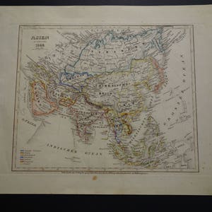 ASIA alte Landkarte von Asien 1849 original handkolorierter antiker Druck von Kolonien China Indonesien - alte Landkarten Kontinent 24x28c 9x11"