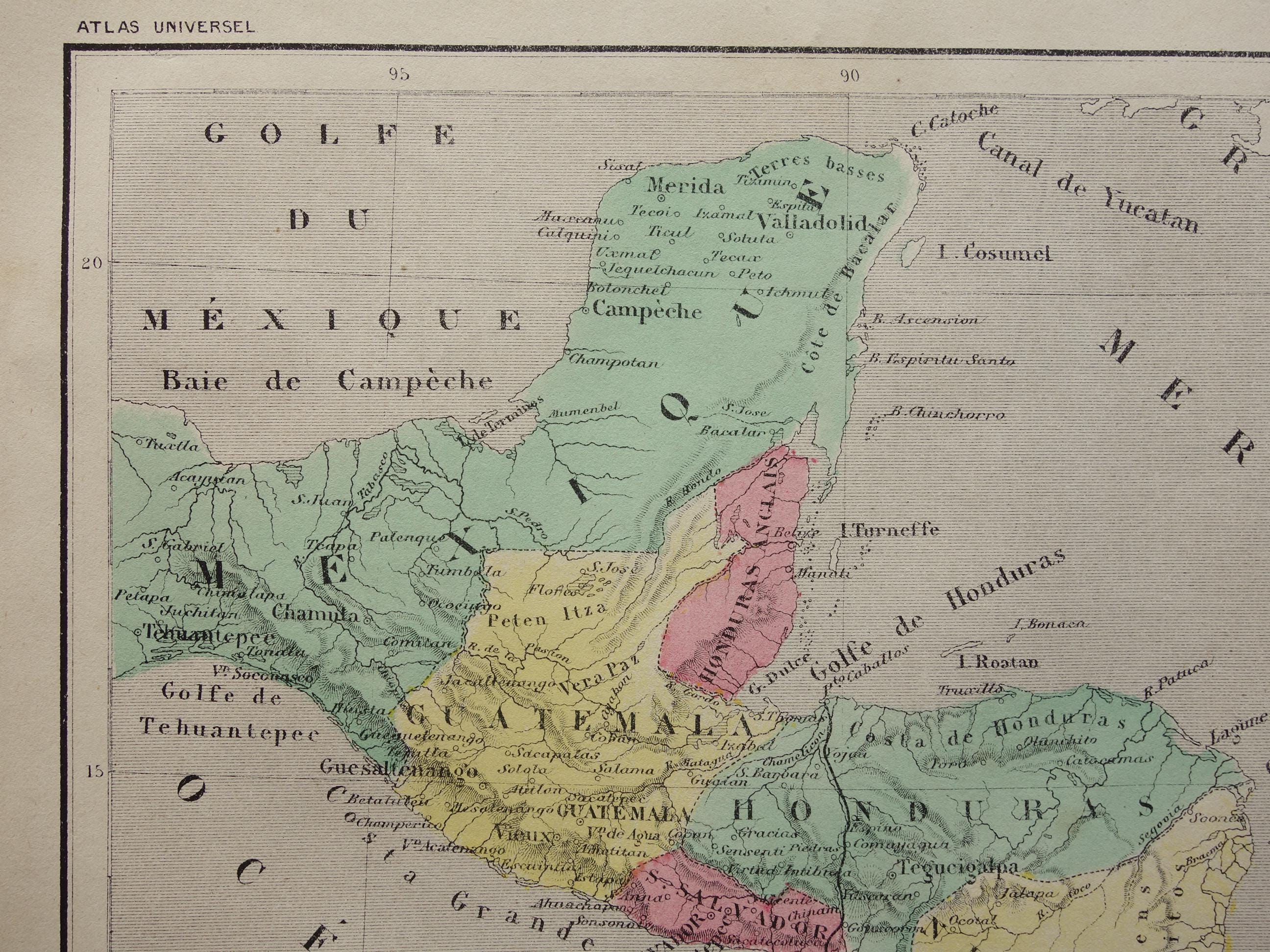 CENTRAL AMERICA Map 1877 Antique Hand Colored French Print About