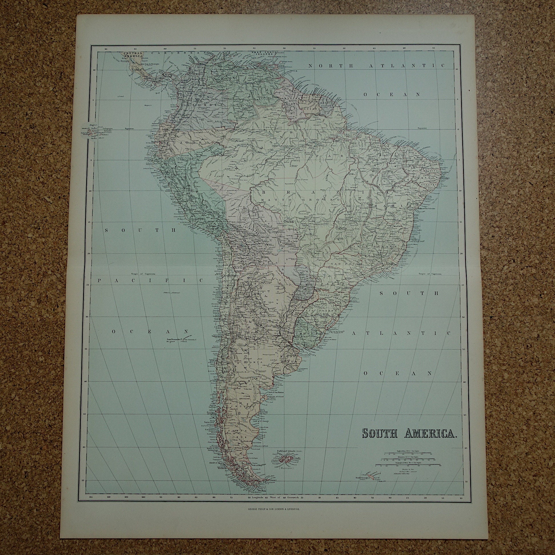 Antique South America map from 1890 Large original 130+ years old English poster about South American continent vintage big maps