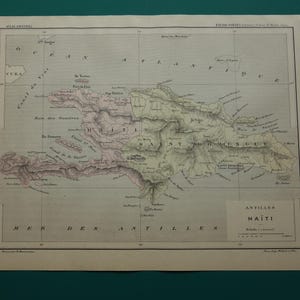 Carte d'HATI 1896, impression ancienne en Français colorée à la main sur Haïti et la République dominicaine, Port-au-Prince, Saint-Domingue, cartes anciennes vintage
