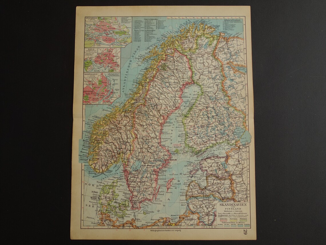 SCANDINAVIA Old Map of Sweden Norway 1931 Antique Print | Etsy