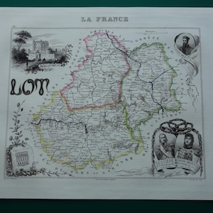 1856 LOT old map of Lot departement - lovely antique print about Cahors Figeac Gourdon Midi-Pyrénées vintage maps France vieille carte