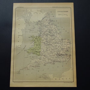 Alte französische Landkarte von England und Wales um 1896 als original antike französische Landkarte von England und Wales 23x30c 9x12"kleines Poster