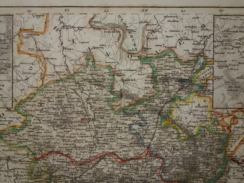 GERMANY old map 1849 hand colored old print poster of NRW vintage antique maps Münster Paderborn Provinz Westfalen alte karte von zdjęcie 2