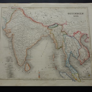 INDIEN alte Landkarte von INDOCHINA 1849 handkolorierter original antiker Druck von Burma Thailand Vietnam detaillierte vintage Landkarten Indien datiert mit Jahreszahl