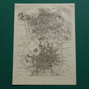 Puede incluir: Una impresión vintage en blanco y negro con dos mapas detallados de ciudades. El mapa superior muestra Roma, Italia, y el mapa inferior representa Milán, Italia. Los mapas están intrincadamente dibujados, mostrando calles, edificios y áreas circundantes. La impresión está en papel envejecido.