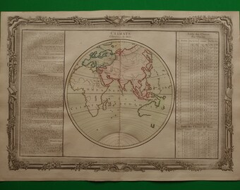 Carte de l&#39;hémisphère oriental de plus de 260 ans, grande carte du monde de l&#39;Australie, impression ancienne originale, incomplète, grandes cartes colorées à la main