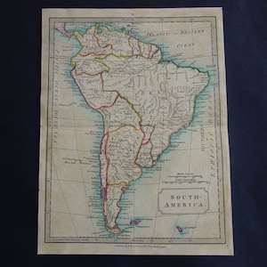 Mappa del continente sudamericano di oltre 180 anni fa - Stampa originale antica colorata a mano su Brasile Cile Argentina - Mappe d'epoca