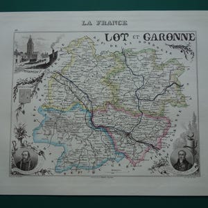 Lot-et-Garonne 1856 オリジナルの古い地図 - アジャン マルマンド ネラック部門の手彩色アンティーク プリント ヴィンテージ フランス マップ ヴィエイユ カルト