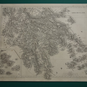 GRECIA vecchia mappa della Grecia Originale 175+ anni stampa tedesca 1849 mappe d'epoca Atene Grecia