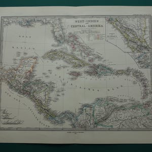 KARIBIK alte Karte von den Westindischen Inseln 1878 original handkolorierter antiker Druck von Kuba Jamaika Havanna Jamaika Antillen Bahamas Vintage Karten