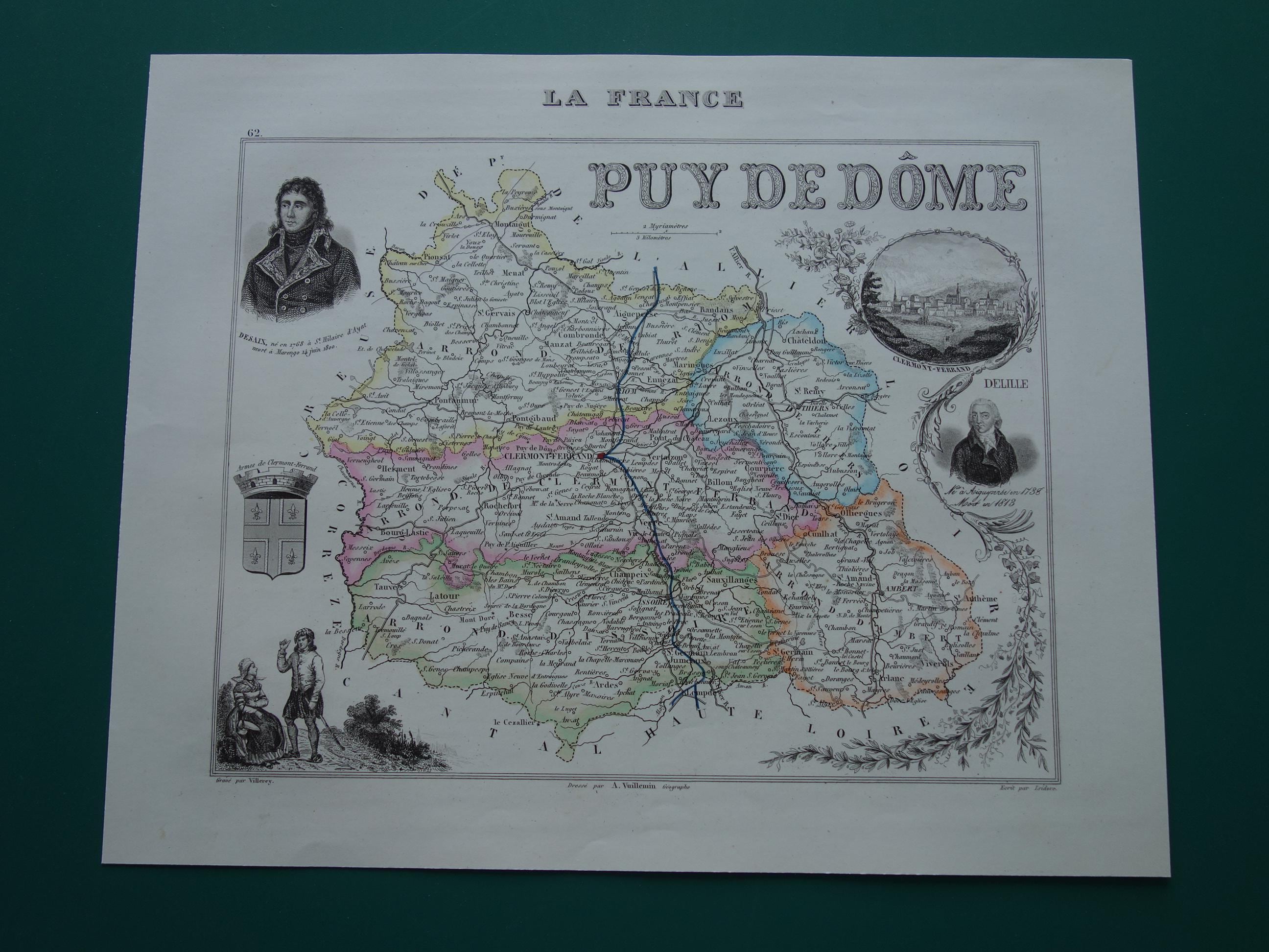 PUY-DE-DôME 1856 Original Old Map Hand-colored Antique French