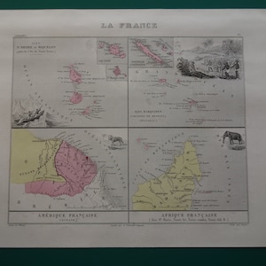 1876 年フランス植民地の古い地図ギアナ コモロ マルケサス諸島オリジナル アンティーク マップ ヌメア ポリネシア ヴィンテージ プリント ガイアナ フランセーズ カルテ