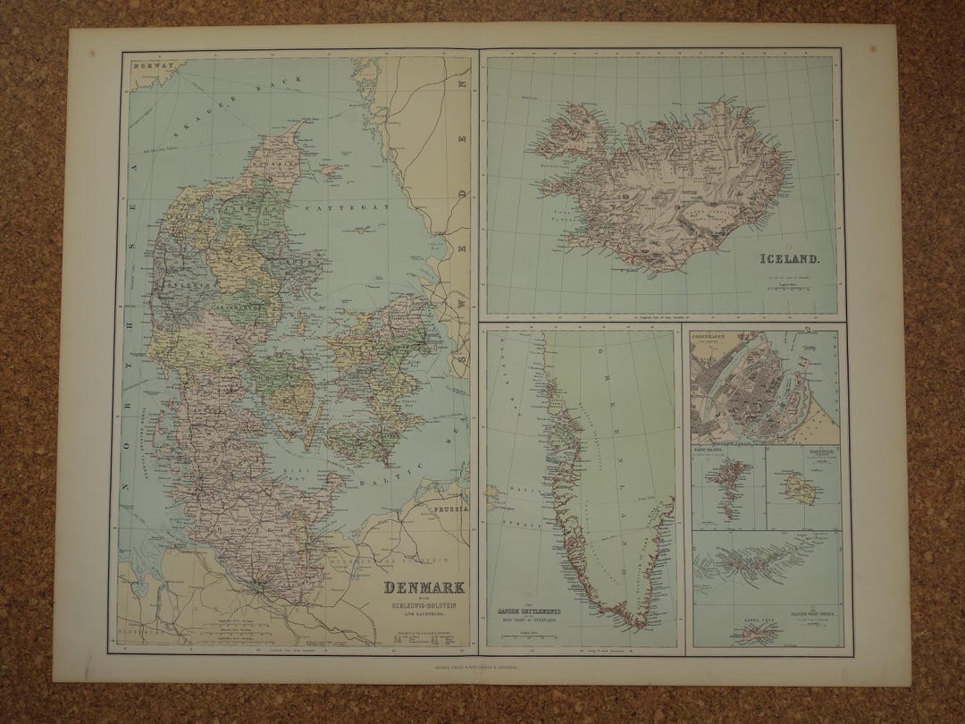 1890 DENMARK Old Map LARGE Original Antique Print About Danish Colonies ...