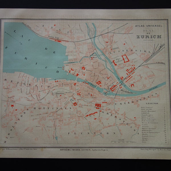 1878 ZURICH old map of Zurich - lovely original antique city plan Zürich - vintage maps about Switzerland alte karte vecchia mappa di Zurigo