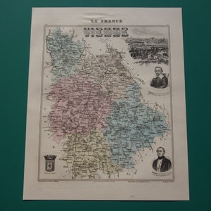 Antieke kaart WENEN van het departement Vienne Frankrijk 1886 originele oude handgekleurde afdruk Poitiers Châtellerault Buxerolles Loudun vintage kaarten