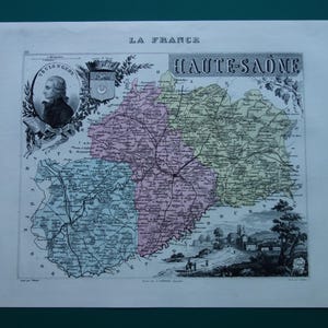HAUTE SAONE old map of France 1872 original antique print about Vesoul Héricourt Lure Gray Haute-Saône vintage maps French department