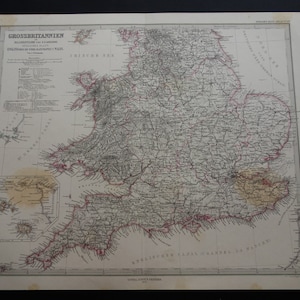Antieke kaart ENGELAND WALES 1875 originele prachtige oude handgekleurde poster van Engeland en Wales grote vintage print UK London Kent 14 x 18"