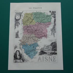 Old map of Aisne France 1876 Original antique AISNE department print about Saint-Quentin Soissons Laon hand colored French vintage maps