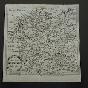 Allemagne, 360 ans et plus, carte de l'Allemagne, Hollande, impression antique, petites cartes vintage 5 x 5 po. Cluver Nova Totius Germaniae Descriptio